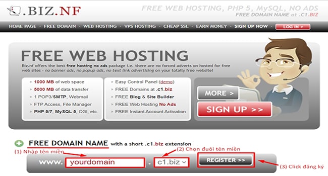 Tạo tên miền miễn phí Biz.nf